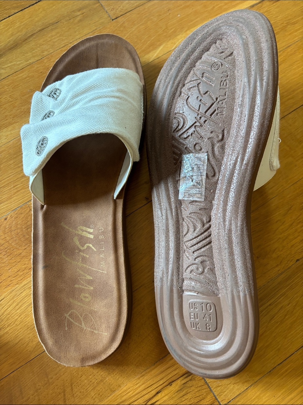 White Canvas Slide Sandals with Button Detail - Women's - Picture 2 of 2